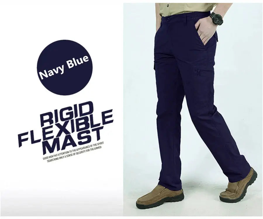 Men's navy blue tactical cargo pants with cargo pockets, full-length outdoor trousers