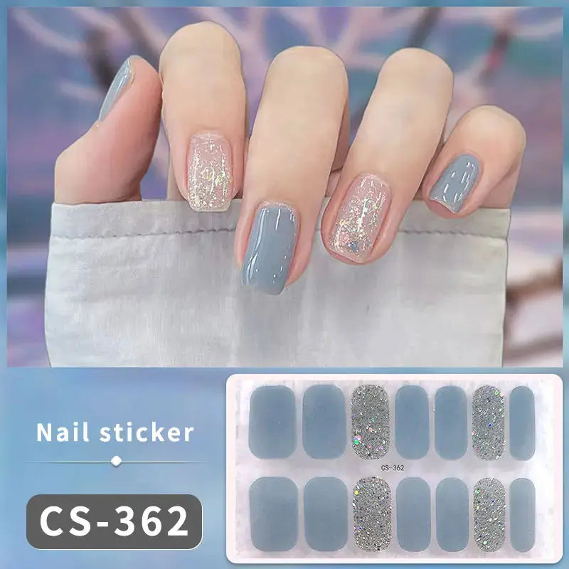 Full-cover nail sticker set CS-362 by Simples Market; blue-gray matte and glitter silver designs