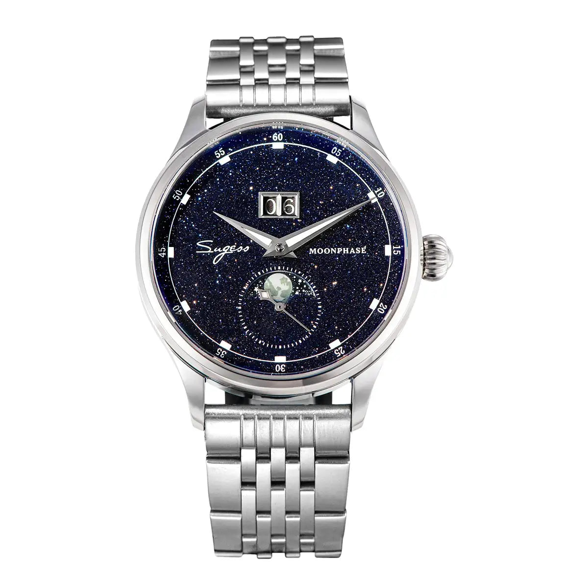 Sugess Moonphase men's 40mm stainless steel watch with blue starry dial and moonphase display