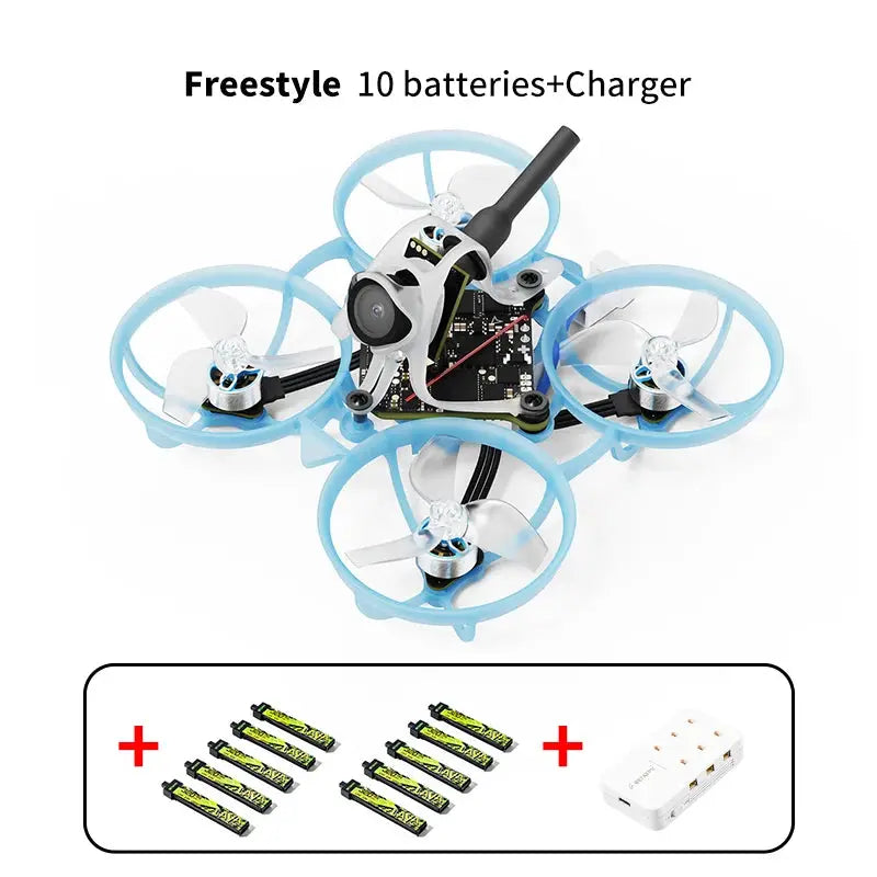 Air65 ll brushless whoop quadcopter with blue prop guard rings; includes 10 batteries and charger