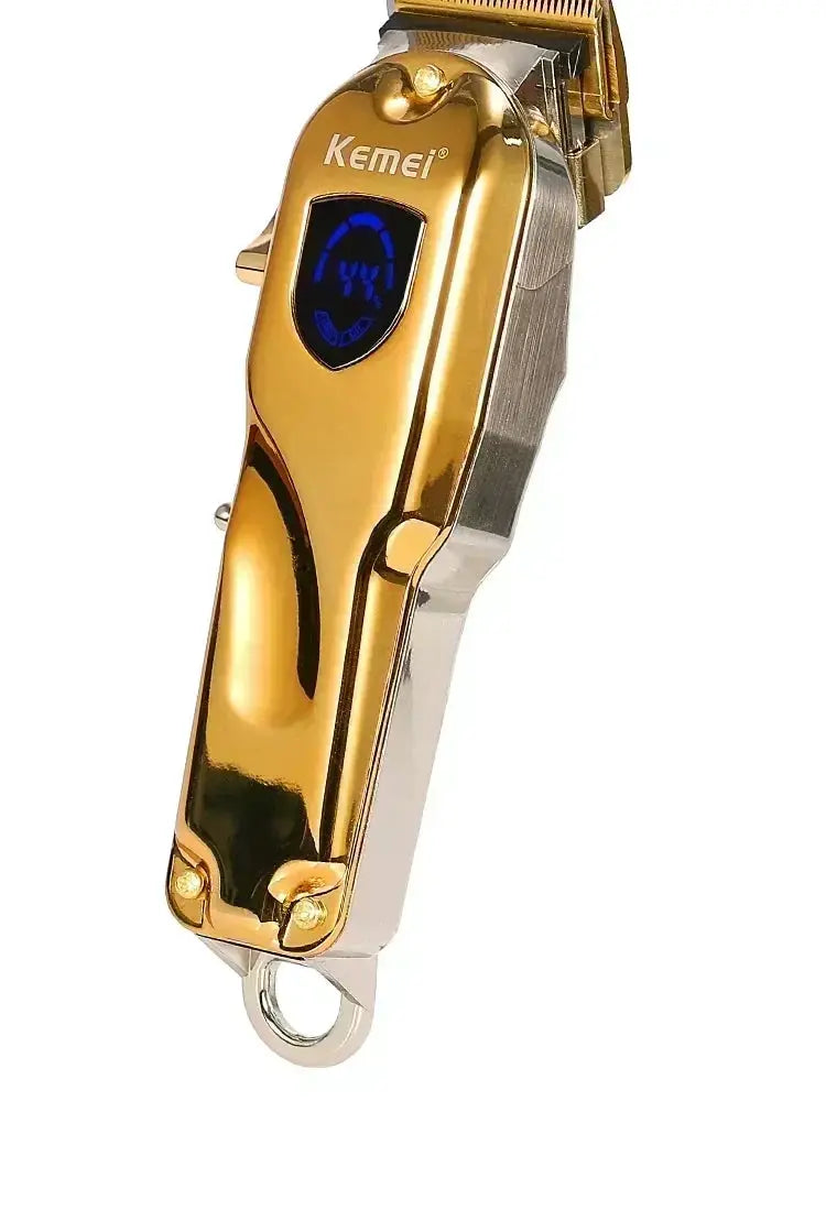 Kemei hair trimmer with gold and silver metal body and blue digital display