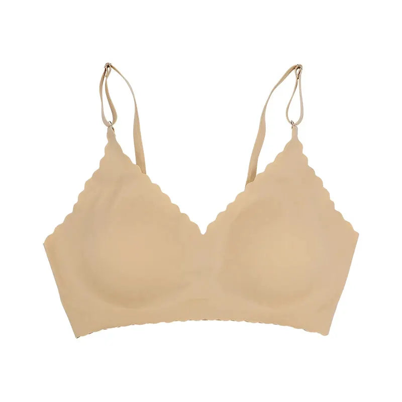 Wireless padded nude bra with scalloped wavy edge and adjustable straps Simples Market