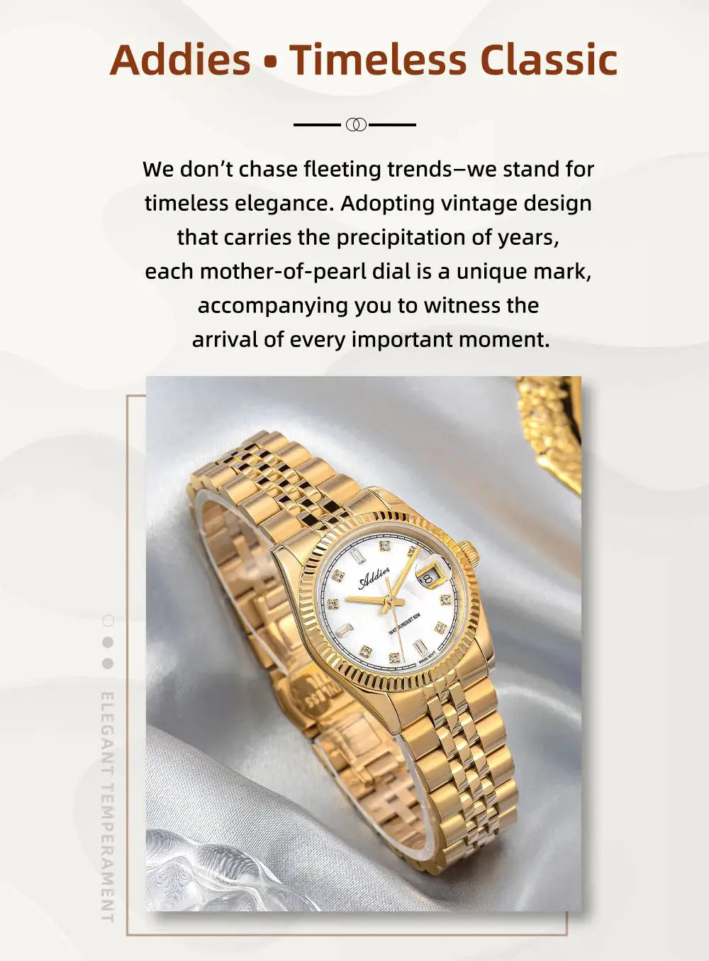 ADDIES luxury women's watch, gold-tone 28mm with sapphire glass and 316L stainless steel bracelet, 50m water resistant