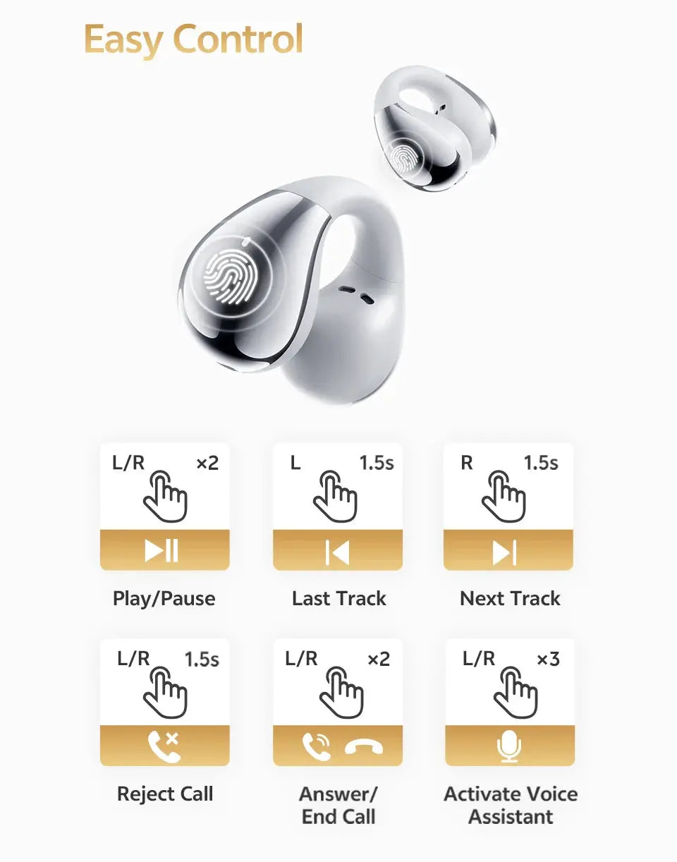 QCY Crossky C30S open-ear wireless earphones in white/silver, L/R pair with touch controls and playback icons