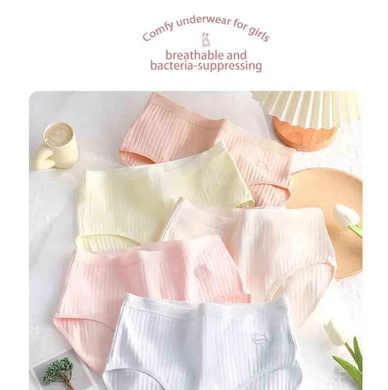 Women's cotton ribbed high-waist panties, 6 pastel colors, breathable antibacterial underwear