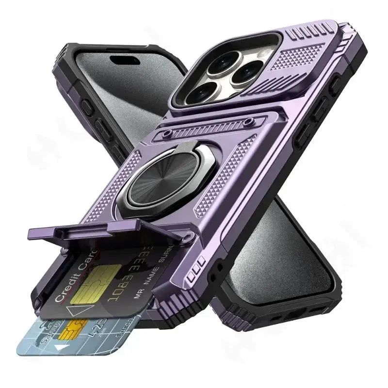 ShieldTech Pro Wallet Case For iPhone 7 To 16 Pro Max Magnetic Ring Kickstand And Card Slots Heavy Duty Drop Guard