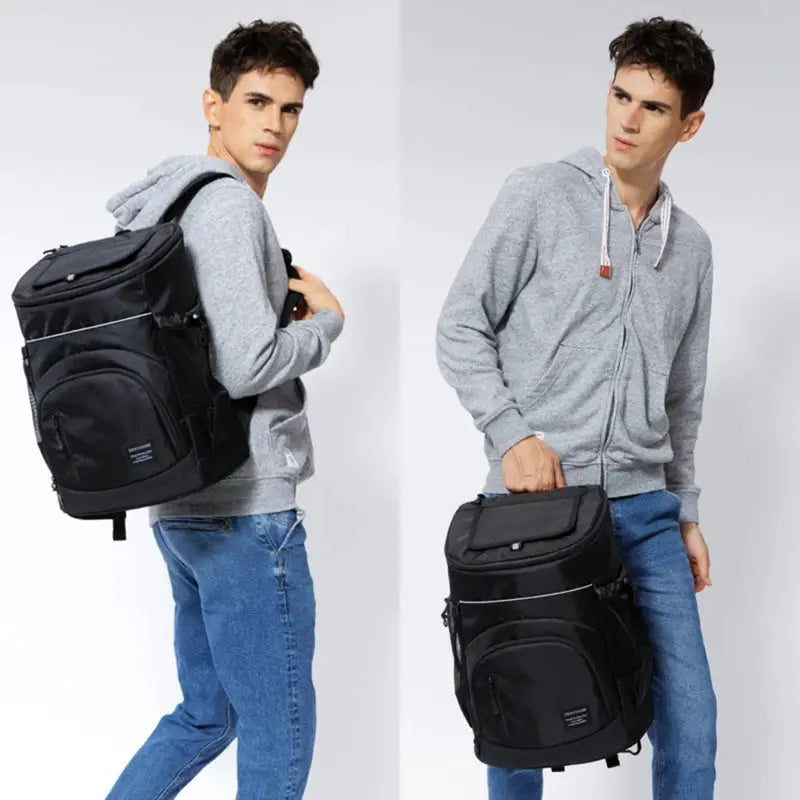 Simples Market 30L insulated cooler backpack in black with multiple zip pockets.