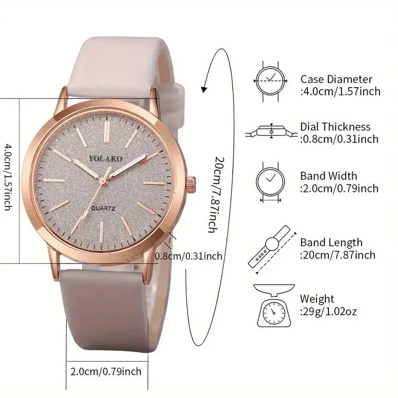Women's leather watch with rose-gold case and glitter silver dial, beige strap