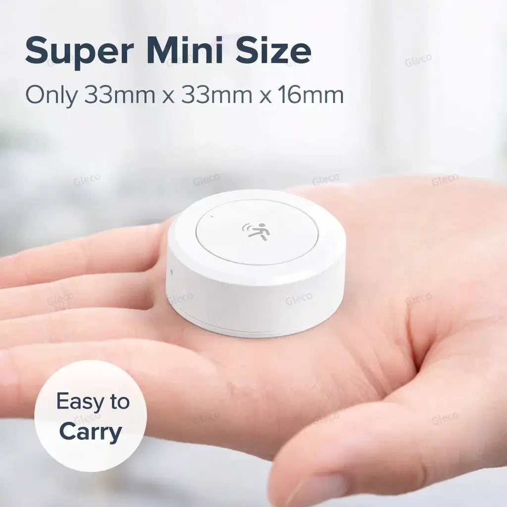 Zigbee mmWave radar presence sensor by Simples Market; compact white circular detector shown on hand, easy to carry