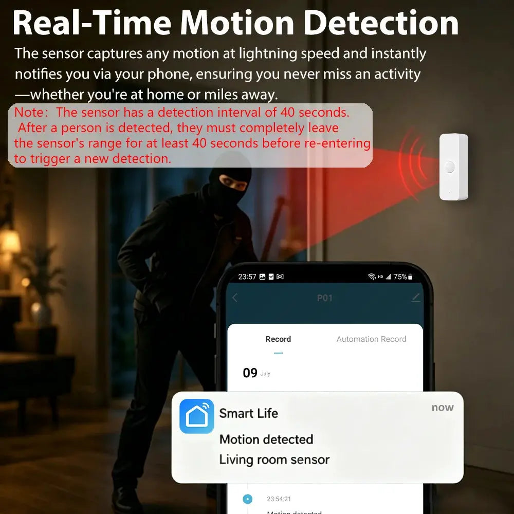 Tuya WiFi Zigbee PIR motion sensor, white wall-mounted device with Smart Life real-time alerts