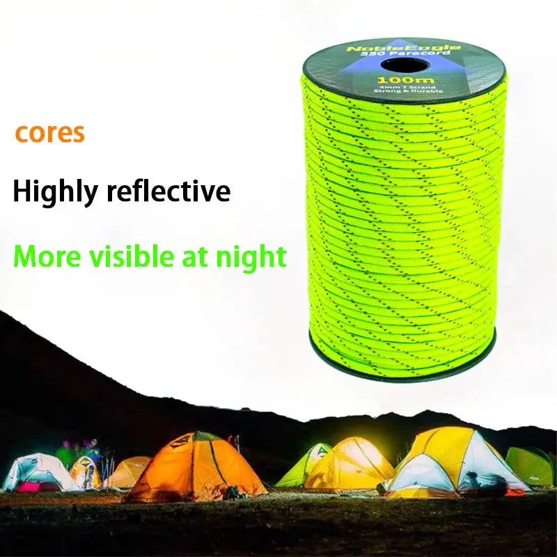 Simples Market reflective paracord rope, neon green 4mm 7-strand 550 cord on spool with camping tents in background