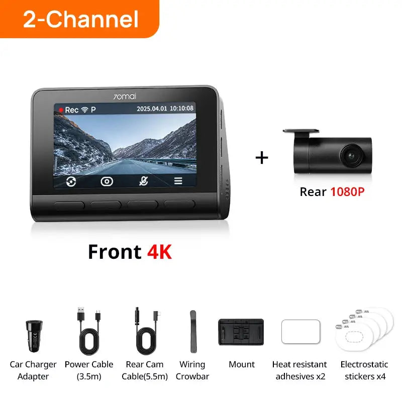 70mai A810S 4K front dash cam with 1080P rear camera and mounting accessories