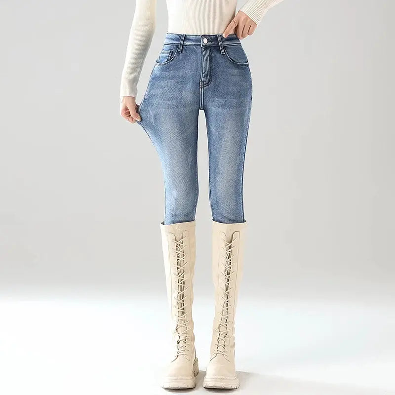 Women Thermal Jeans Fleece Lined Warm Stretch Slim Fit Pants Korean