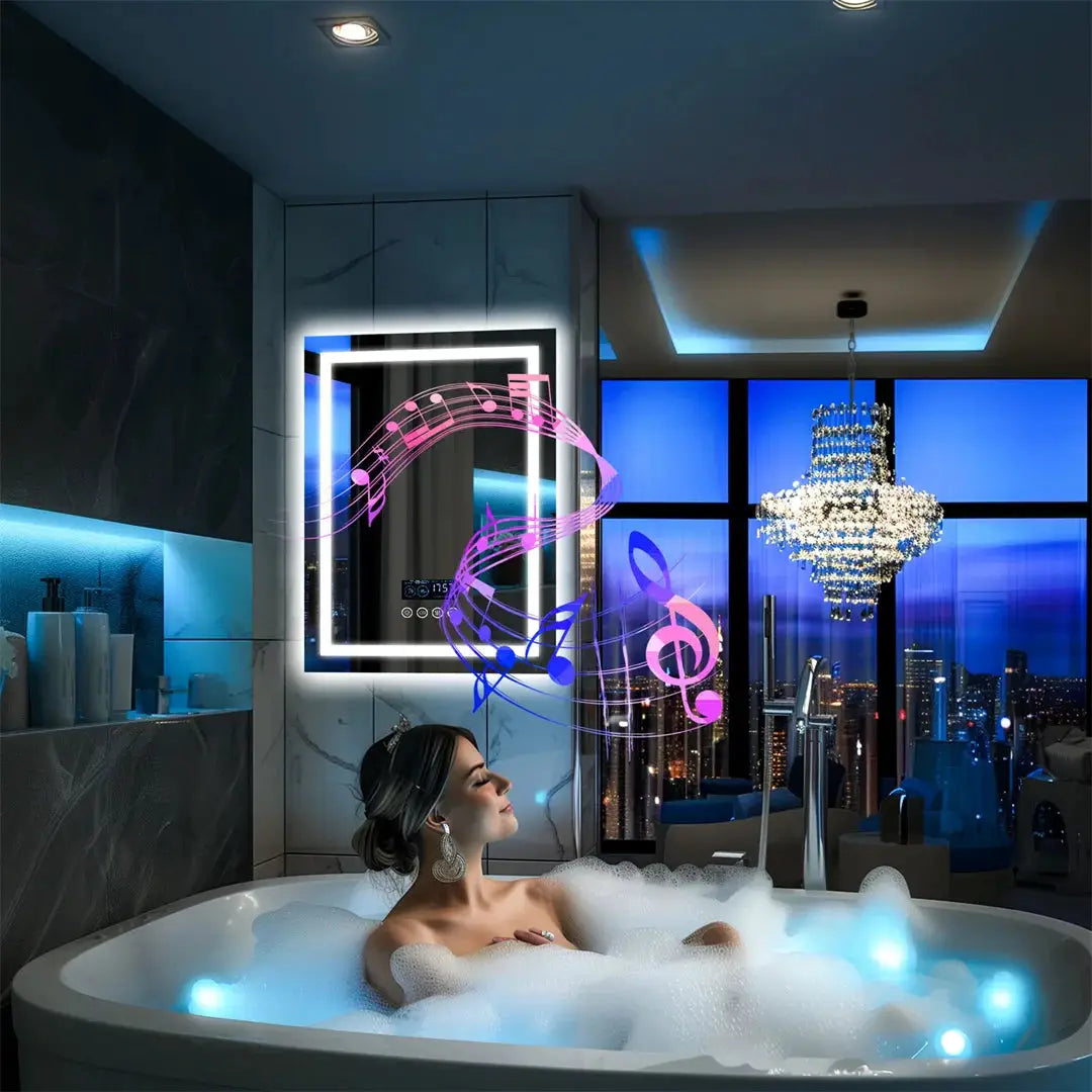 LUVODI large Bluetooth bathroom mirror with LED backlit rectangle, anti-fog, 3-color-temperature settings, by Simples Market
