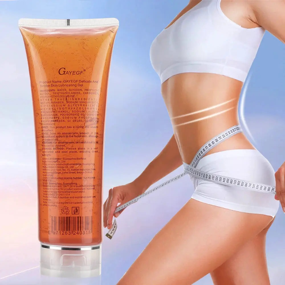 Body slimming orange gel tube beside a woman measuring her waist with a tape