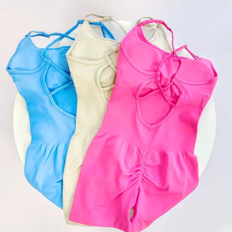 FlexFit Seamless Peach Hip Yoga Jumpsuit Quick Dry Stretch Knit Fabric With Removable Pads