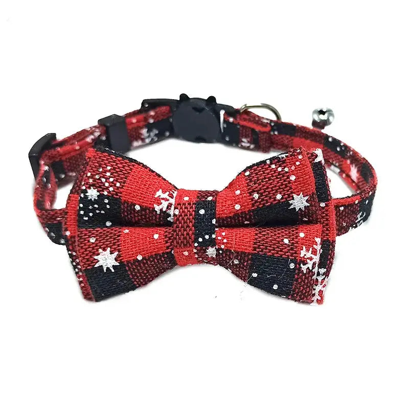 Pet Breakaway Cat Collar With Bow Tie And Bell Plaid Christmas Red Adjustable Elastic For Cats And Small Dogs