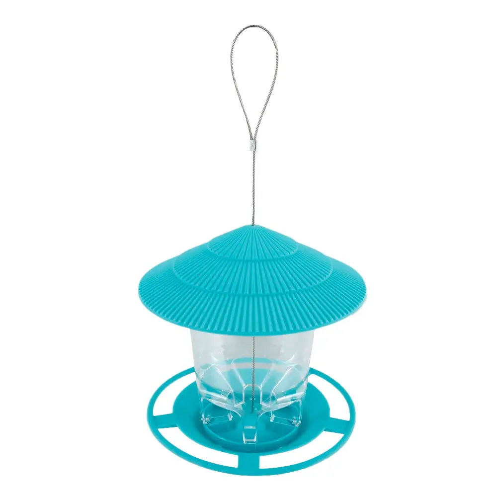 Bird feeder hanging turquoise plastic feed dispenser with clear reservoir and circular base