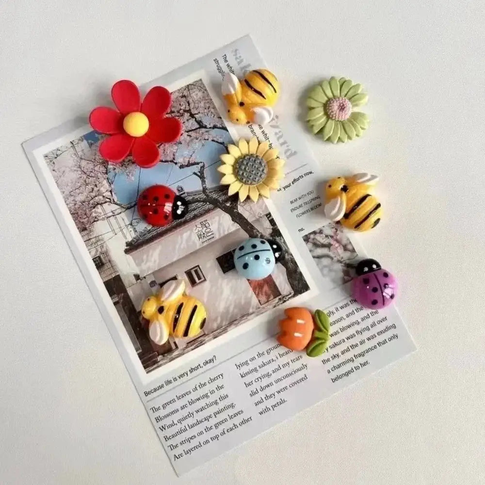 10pc refrigerator magnets set by Simples Market; colorful flower and bee/ladybug magnets with strong hold