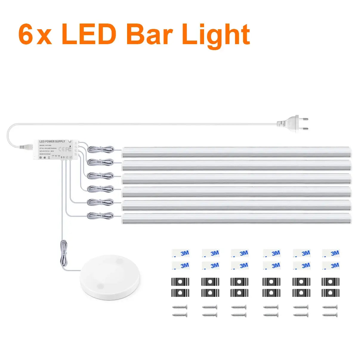 Six aluminum LED under-cabinet bar lights with motion sensor; includes driver, screws and 3M tape