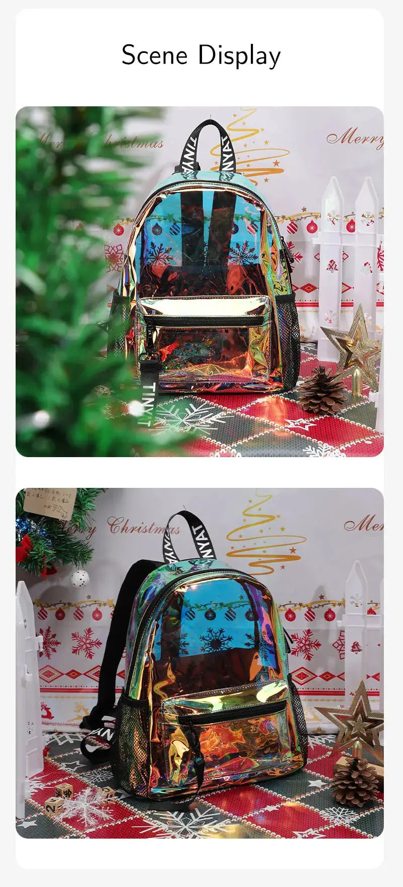 Clear PVC backpack for women, water-resistant with iridescent rainbow finish, festival/travel bag by Simples Market
