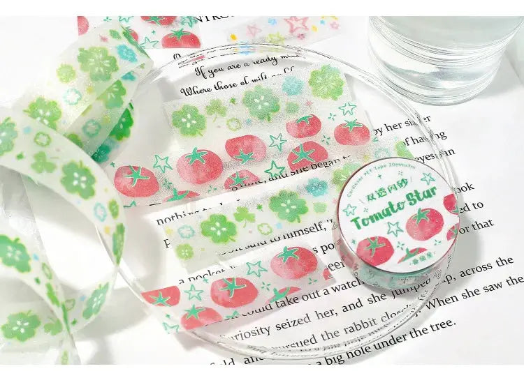 Two decorative washi tape rolls with a tomato and green flower pattern; transparent tape for journaling and scrapbooking