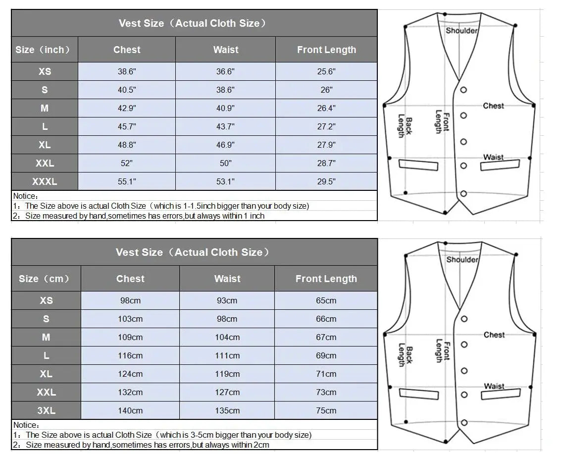 Simples Market Deep V-Neck Herringbone Suit Vest with two size charts (inches/CM) for chest, waist and length