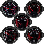 Simples Market 52mm six-gauge cluster for petrol cars; black gauges with red accents including tach and water temp