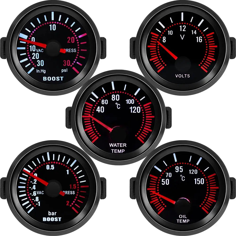 Simples Market 52mm six-gauge cluster for petrol cars; black gauges with red accents including tach and water temp