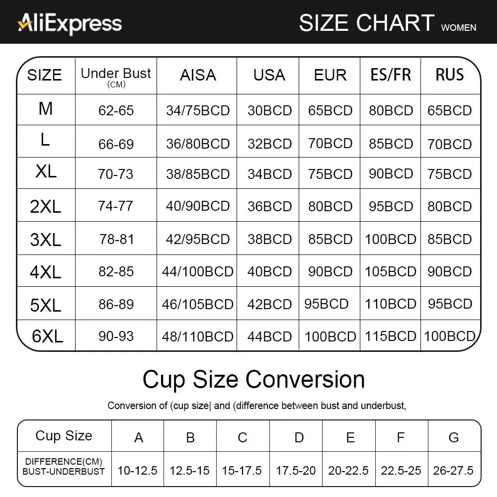 Bra size chart from AliExpress for women's bras, including 6XL plus sizes and A-G cup conversion
