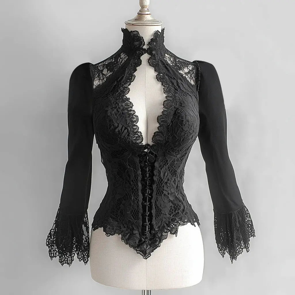 Black lace blouse with stand collar, sheer panels, corset-style front lacing and flared lace cuffs.
