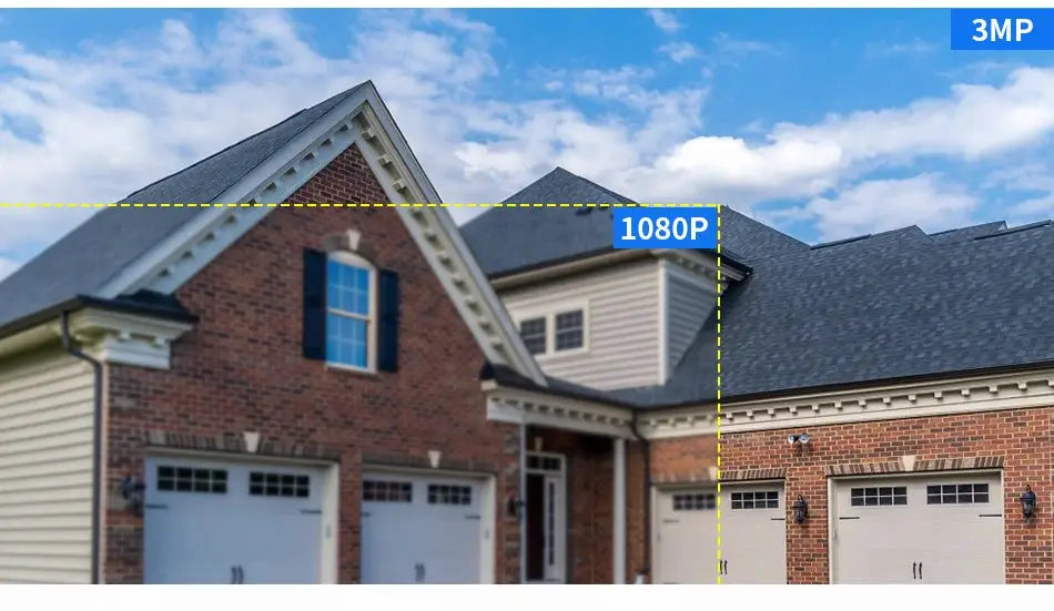 Hiseeu wireless IP camera kit promo image showing a brick house exterior with 3MP and 1080P labels on the photo