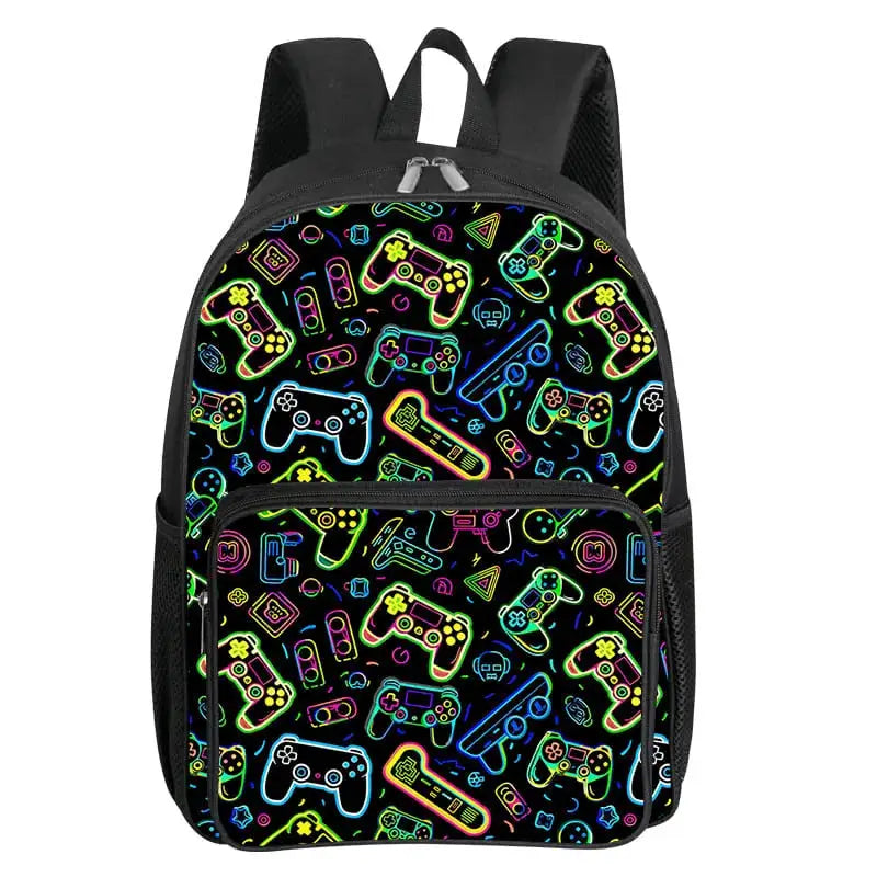 Backpack with neon 2D GamePad pattern on black fabric, square front zip pocket, padded shoulder straps for kids