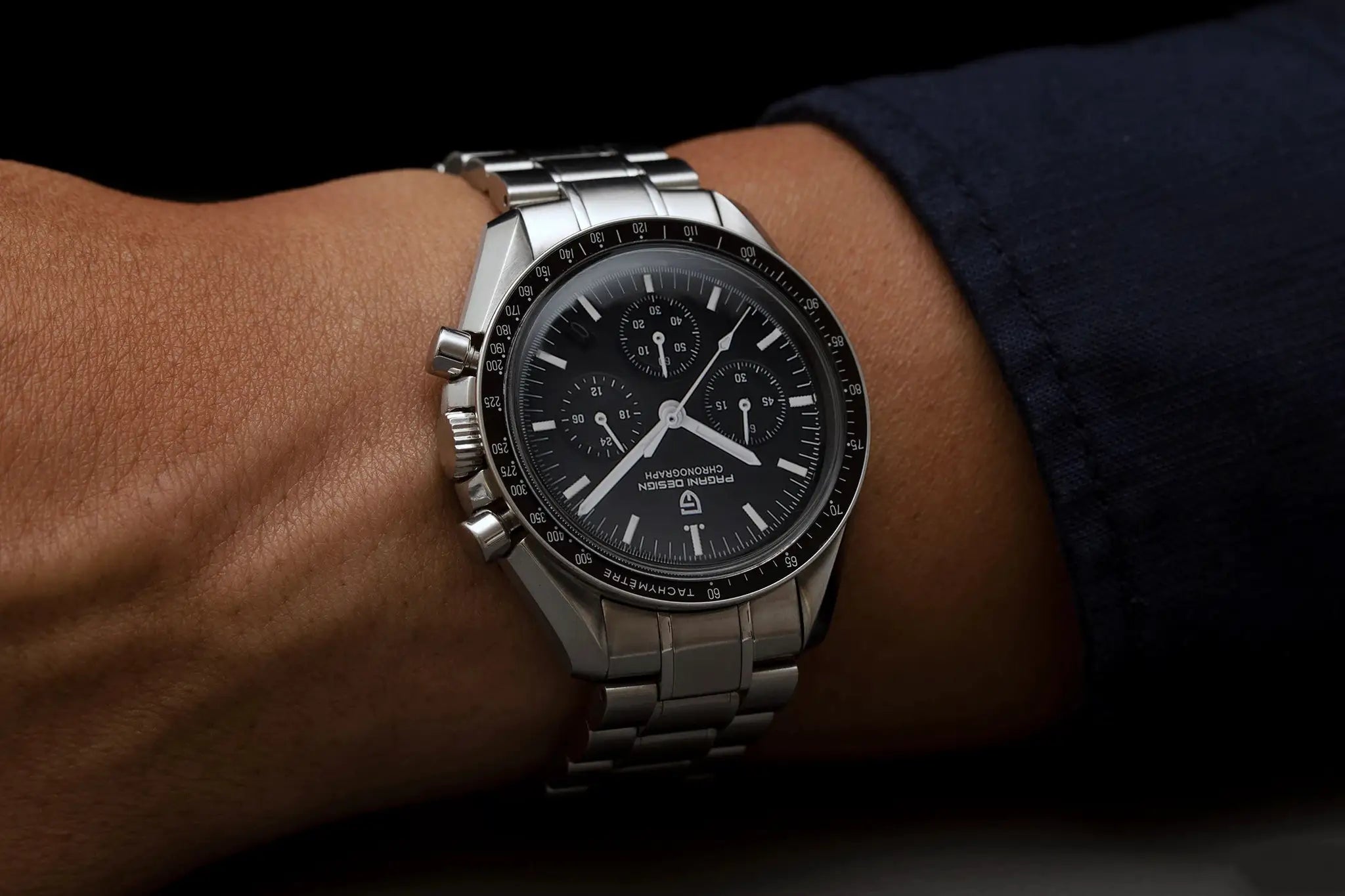 Pagani Design 500 Speedometer chronograph watch on stainless steel bracelet with black dial.
