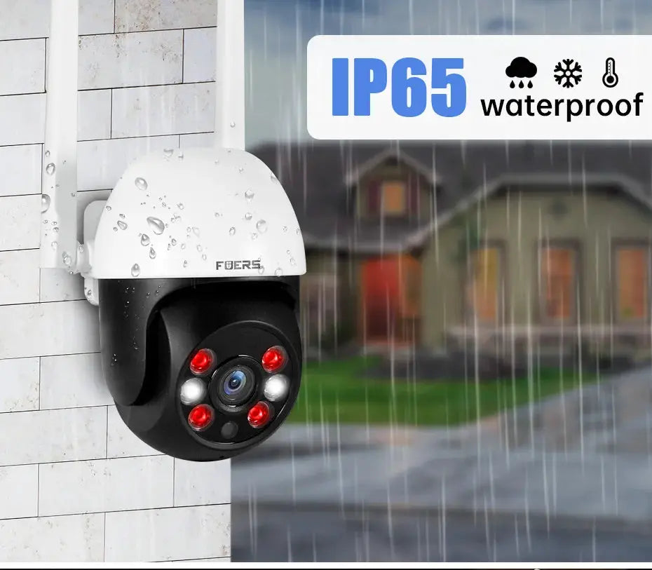 Fuers outdoor IP camera with white top housing and black dome, rain-soaked wall mount, IP65 waterproof