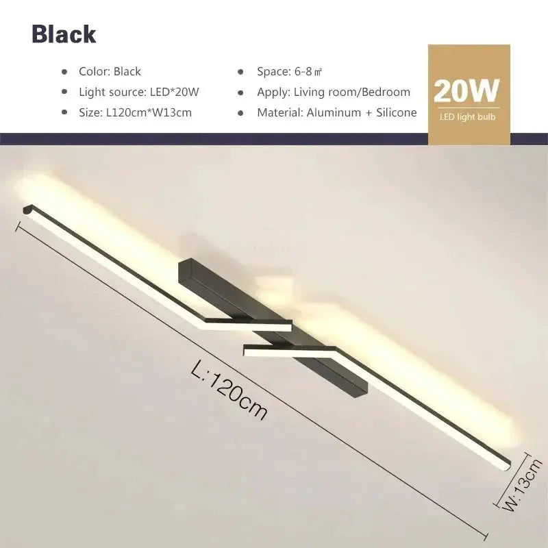 Modern LED ceiling light fixture with black metal frame and white illuminated bars, 120 cm long