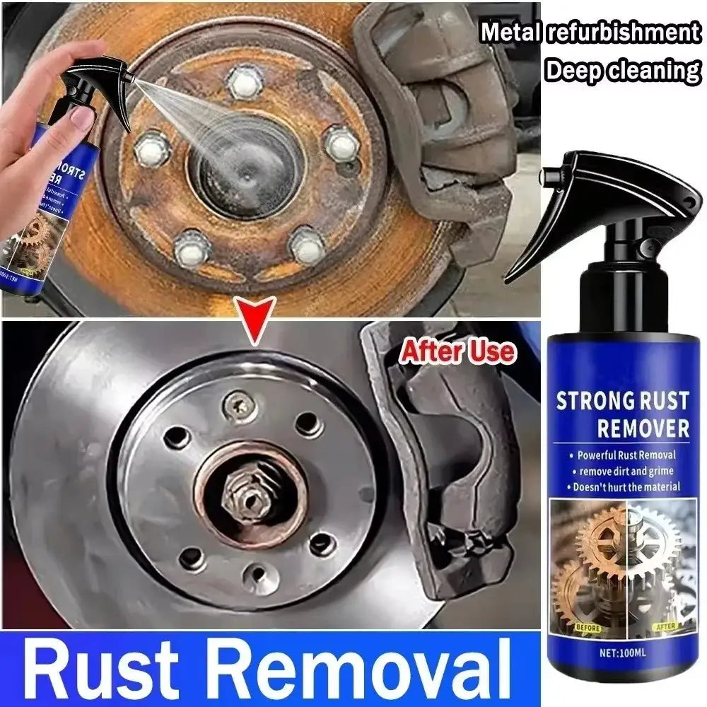 Simples Market rust remover spray for metal; blue bottle shown with rusted brake rotor before and after use