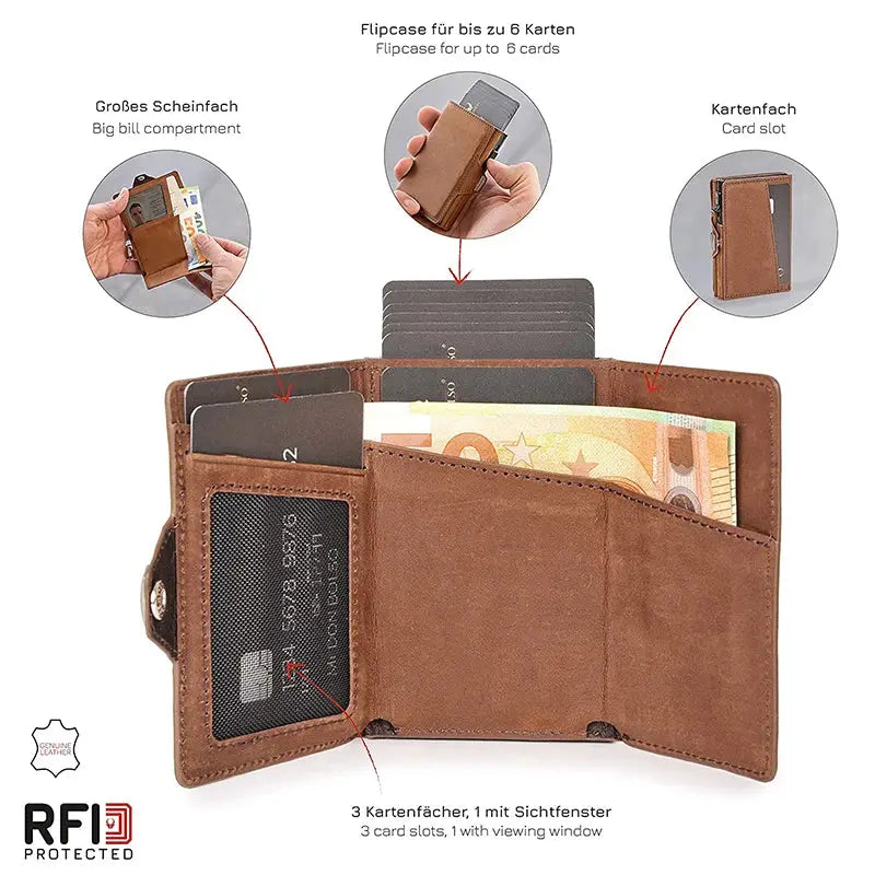Simples Market brown leather RFID-protected pop-up card case wallet with note and coin compartments