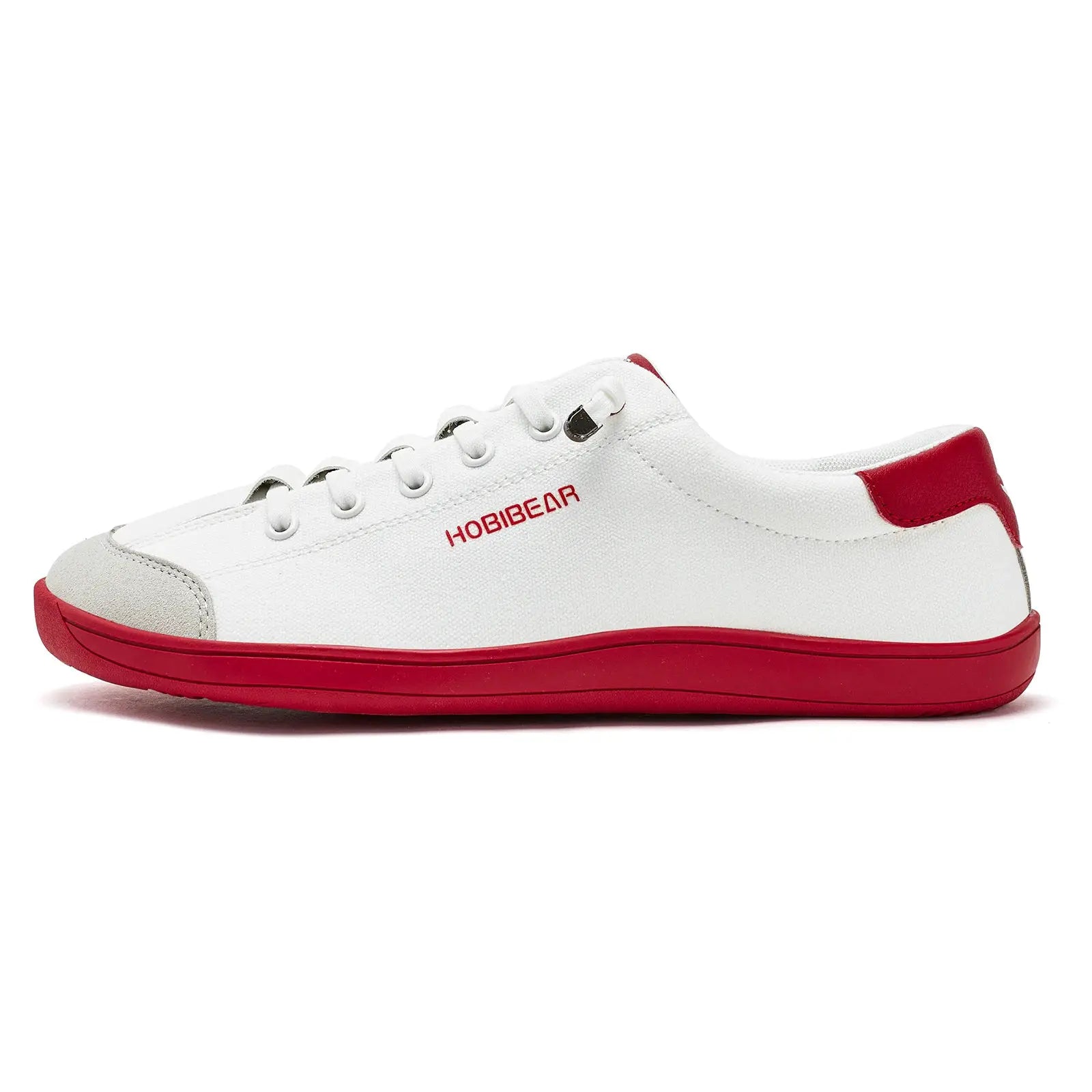 HOBIBEAR wide-toe barefoot sneakers, white canvas with red sole, lightweight slip-on walking shoes