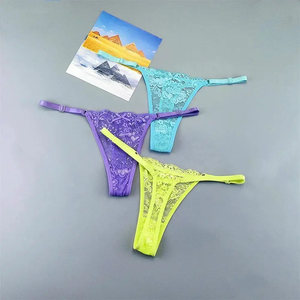 3-pack lace thong underwear by Simples Market in turquoise, purple, and neon yellow; low-rise, adjustable T-back.