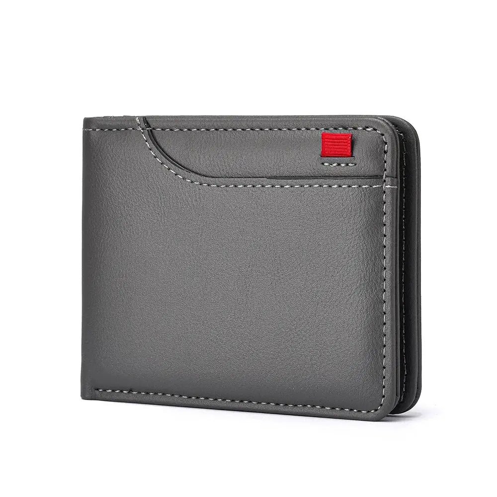 Gray men's vertical card wallet with white stitching and a small red tab