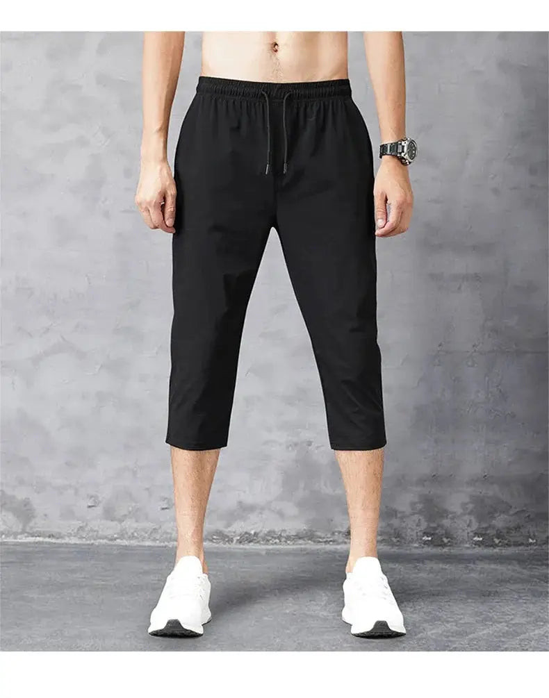 Simples Market men's 3/4 length quick-dry ice silk shorts, black nylon stretch Bermuda with elastic waist