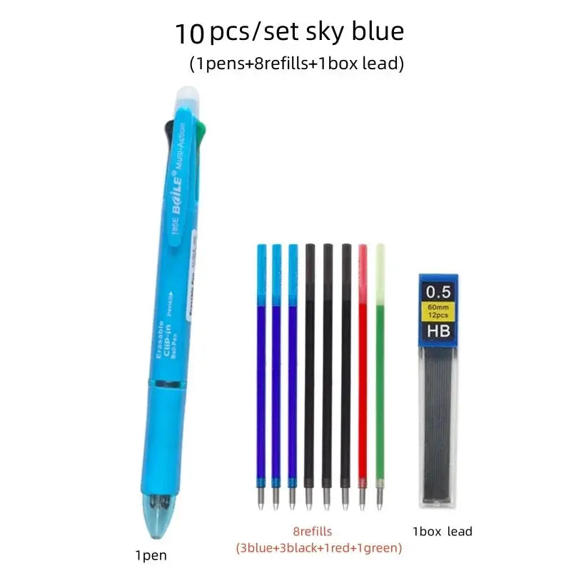 5-in-1 erasable gel pen set in sky blue by Simples Market, includes 1 pen, 8 refills, and 1 box lead