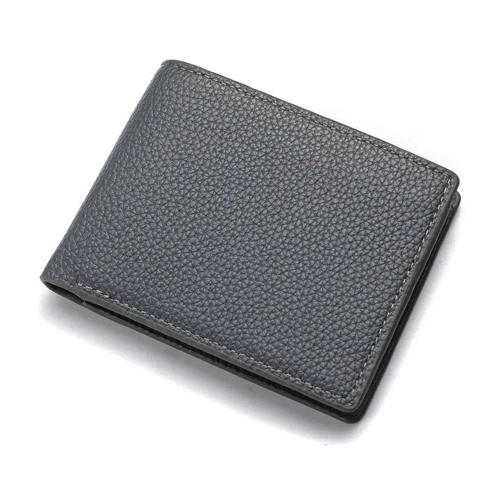 Men's wallet, grey pebble-grain leather, compact and lightweight.