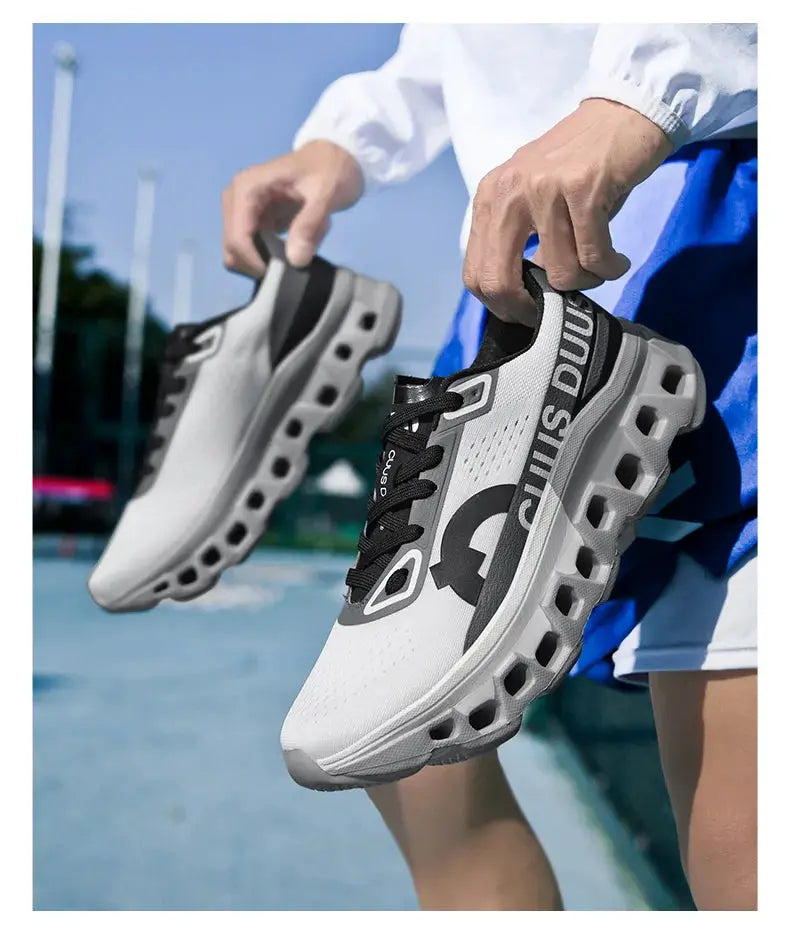 Men's running shoes by Simples Market, white breathable mesh with black accents, pair shown