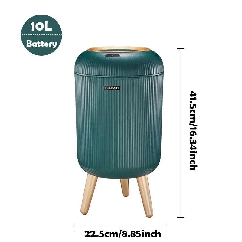 Automatic trash can with lid, teal plastic with wooden legs, Simples Market 10L battery-powered