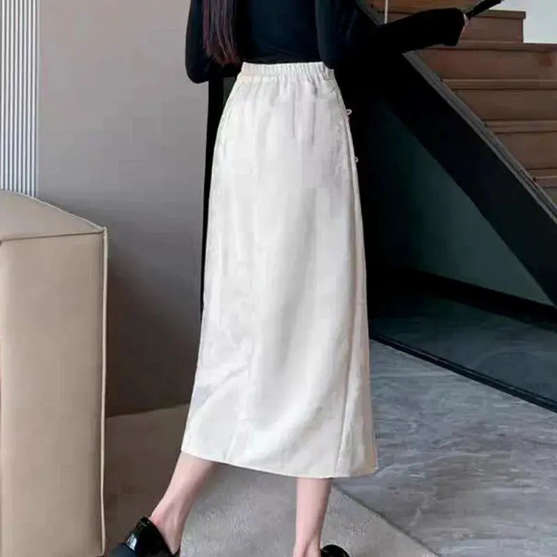 White high-waisted midi skirt by Simples Market, Chinese style casual streetwear