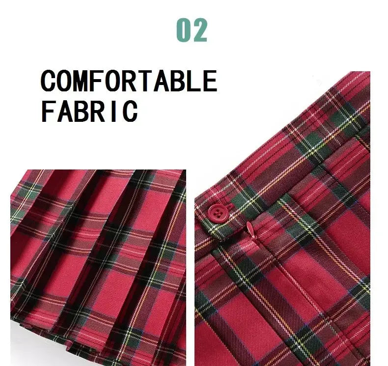 Women's red plaid pleated mini skirt with A-line silhouette