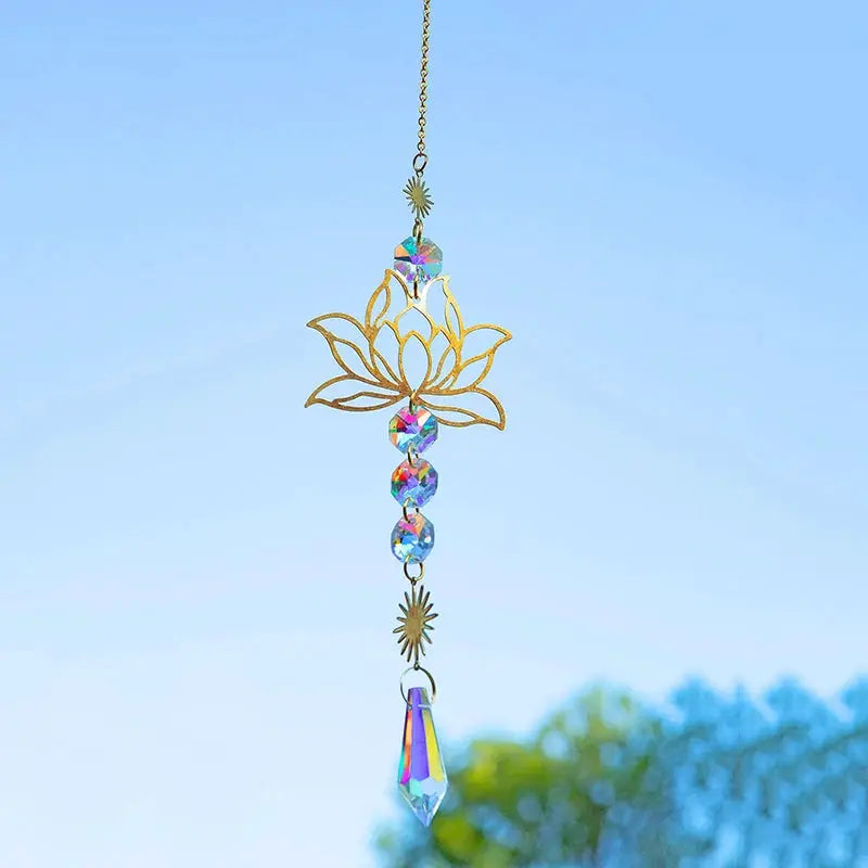 Metal Lotus Suncatcher Charm with Artificial Crystals Handmade Wind Chime Pendant for Home Garden Decoration