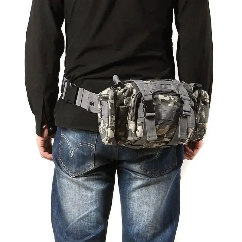 Multifunctional tactical waist and chest bag worn by a person, showcasing its durable design and practical use.